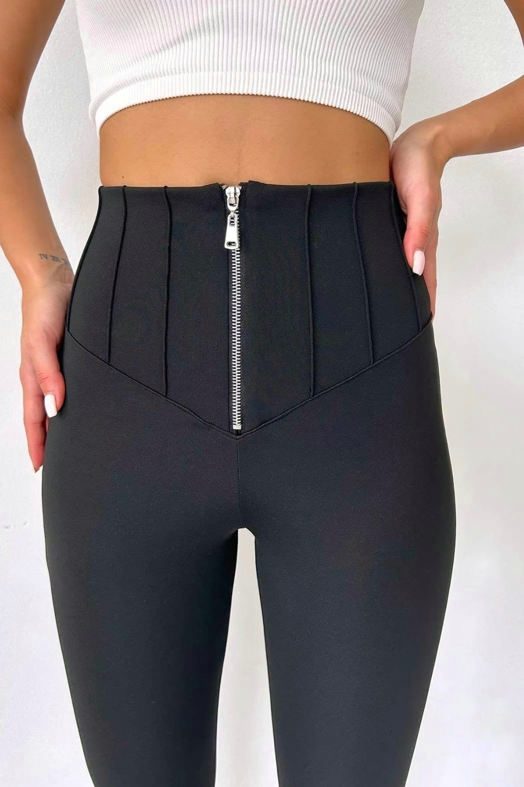 Kadın Yüksek Bel önü Fermuar Detaylı çelik Kumaş Tayt