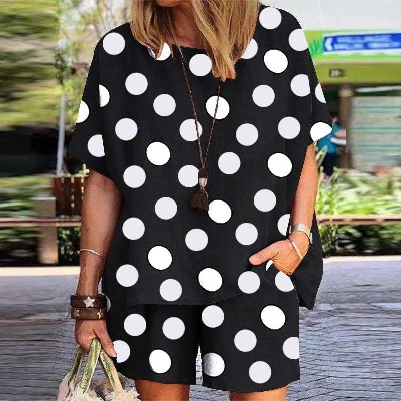 Kadın Puantiye Desen Oversize Kalıp İthal Krep Kumaş İkili Takım