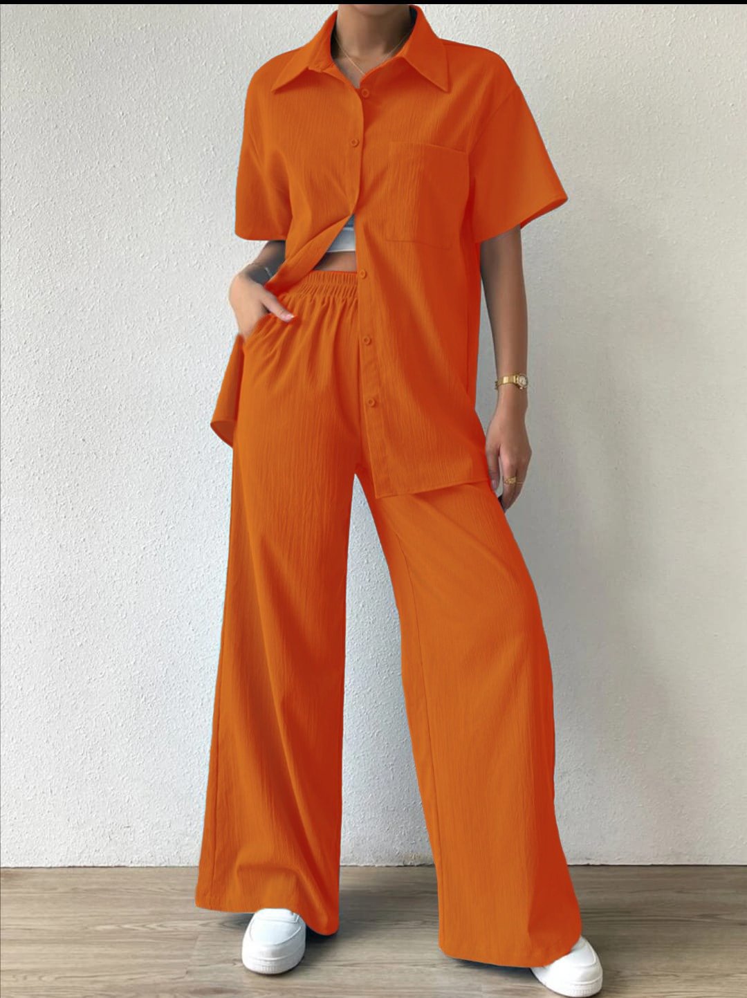 Kadın Polo Yaka Bürümcük Kumaş Gömlek Pantolon İkili Takım