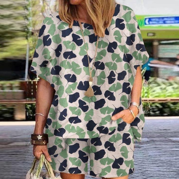 Kadın Yaprak Desen Oversize Kalıp İthal Krep Kumaş İkili Takım