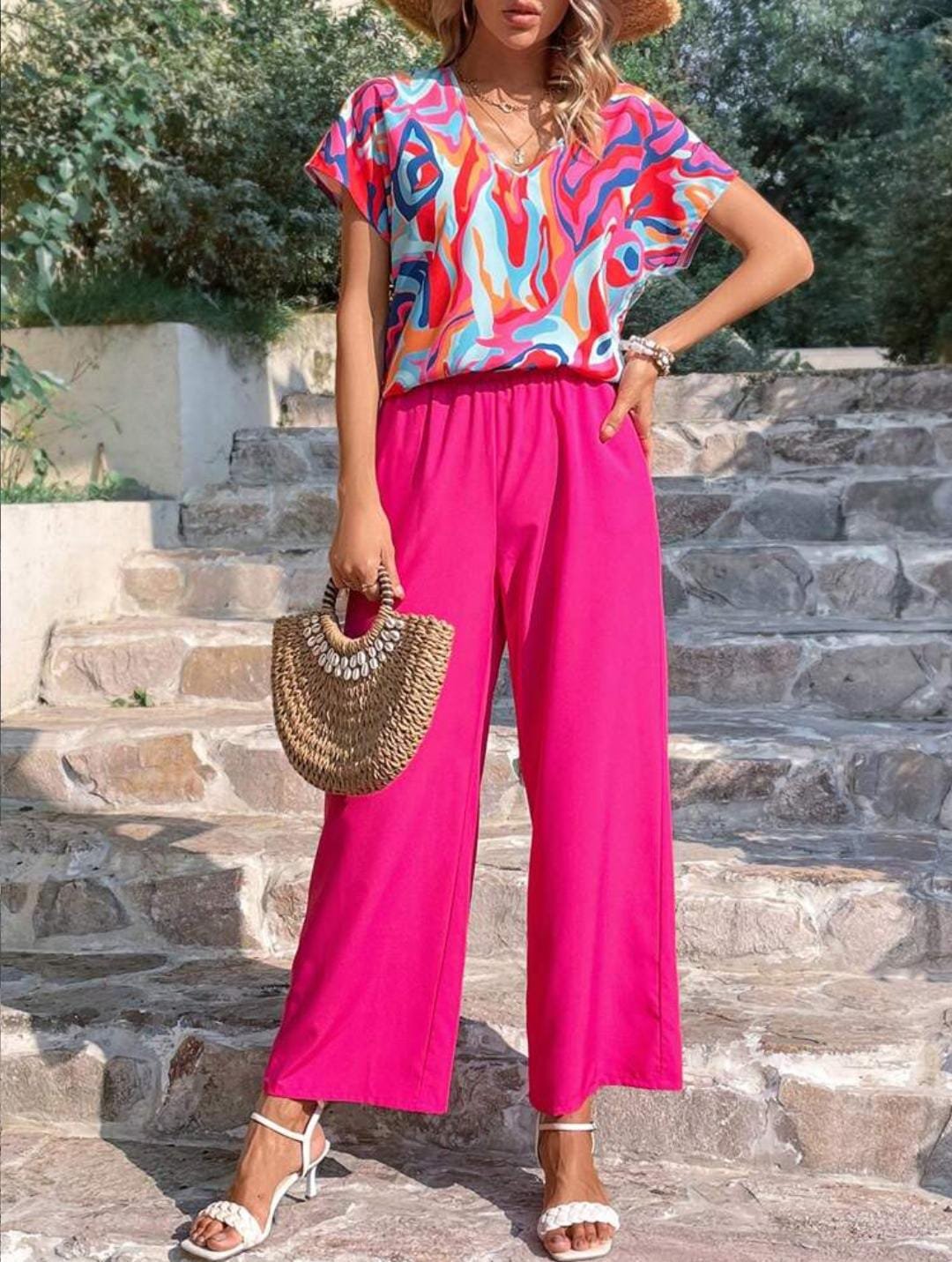 Kadın V Yaka Salaş Desenli İkili İthal Takım