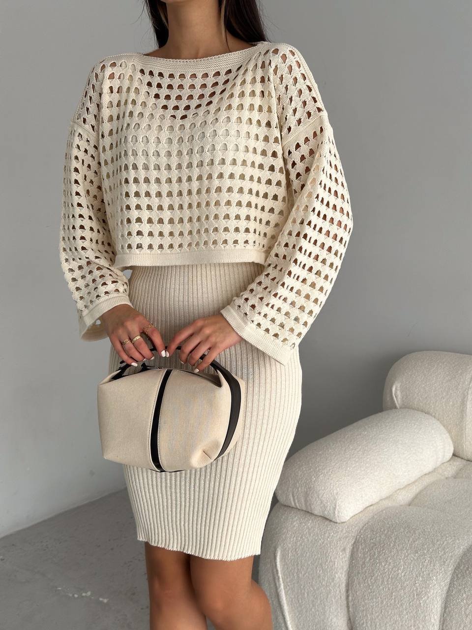 Kadın Delikli Kazak Askılı Elbise Triko Kumaş Ikili Takım