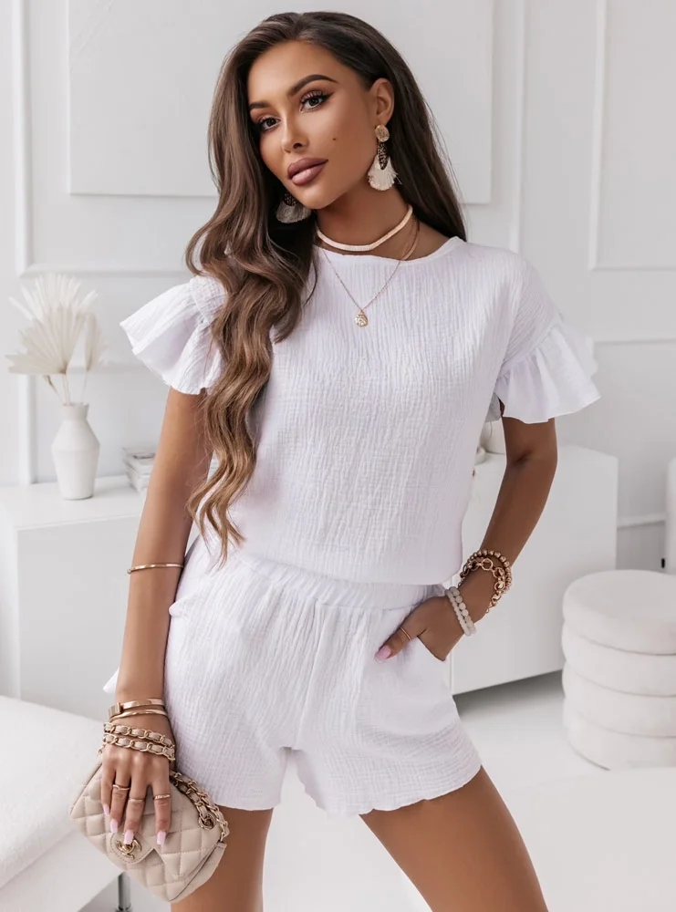 Kadın Kısa Kollu Kollar Volanlı Bürümcük Kumaş şortlu Takım