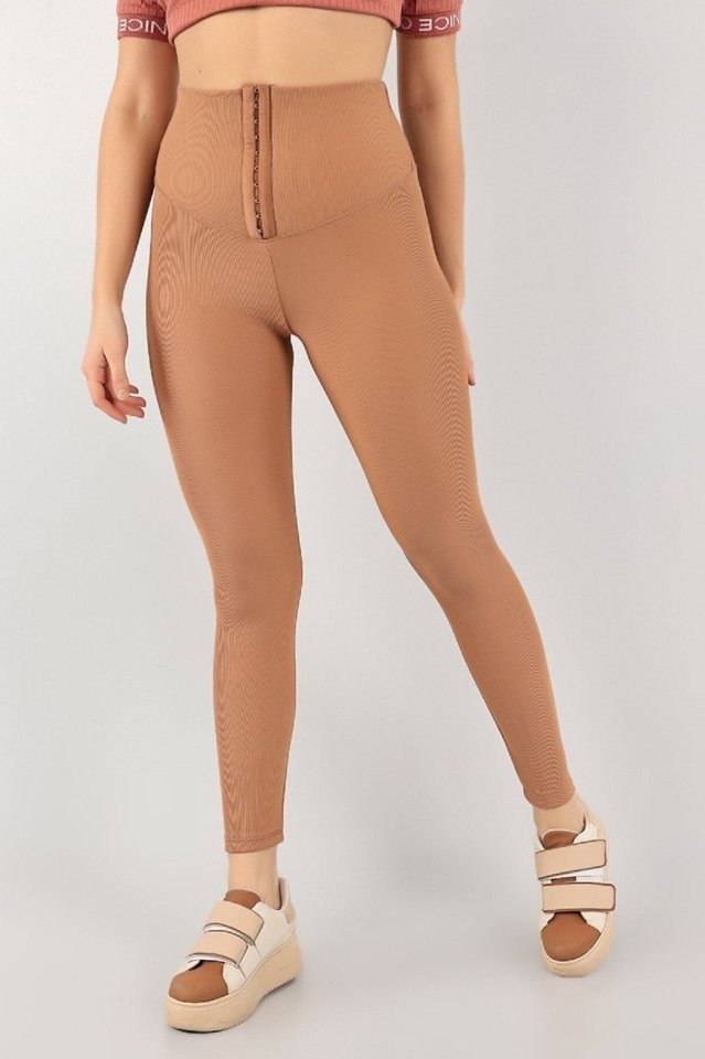 Kadın Yüksek Bel Dar Paça Agraflı Toparlayıcı Fitilli Tayt