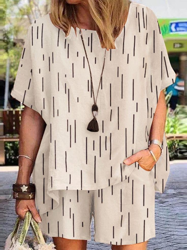 Kadın Çizgi Desen Oversize Kalıp İthal Krep Kumaş İkili Takım