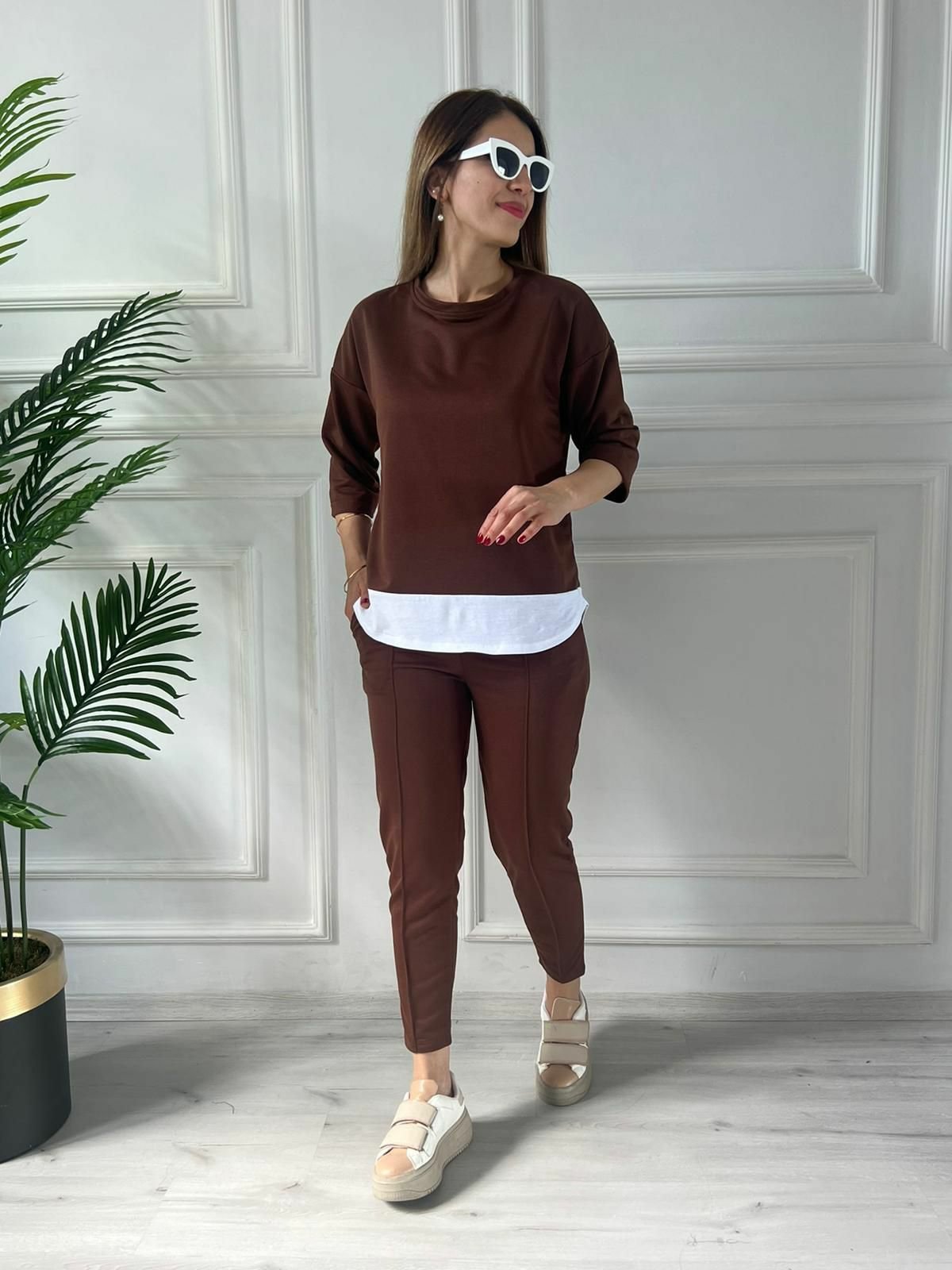 Kadın Kahve ön Parça Detaylı Ikili Takım