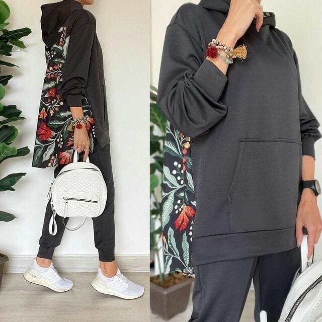 Kadın Arkası Digital Baskılı Salaş Kanguru Cep İkili Takım