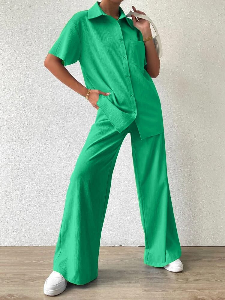 Kadın Polo Yaka Bürümcük Kumaş Gömlek Pantolon İkili Takım