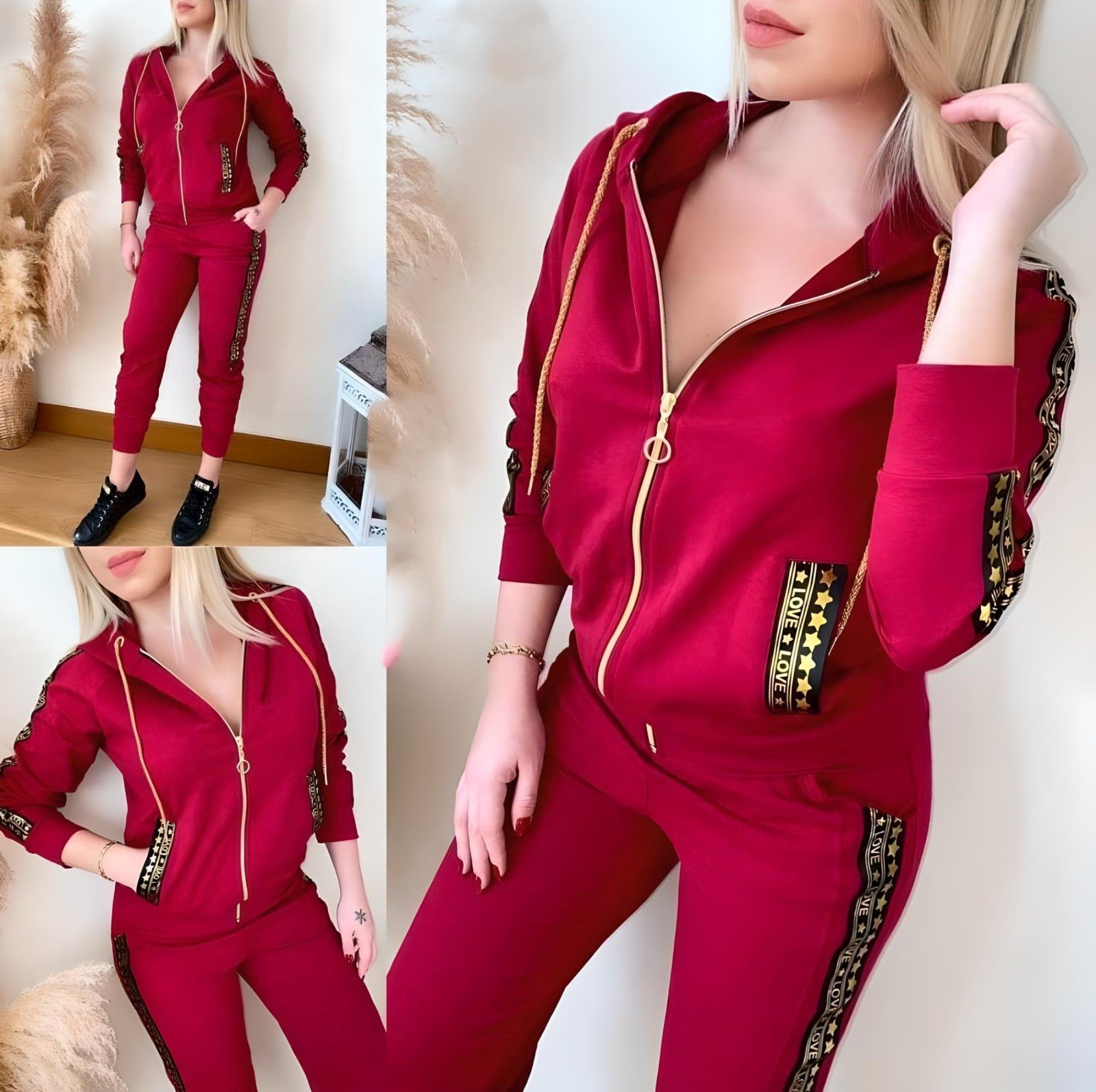 Kadın Fermuarlı Love Şerit Baskılı İkili Kapşonlu Takım