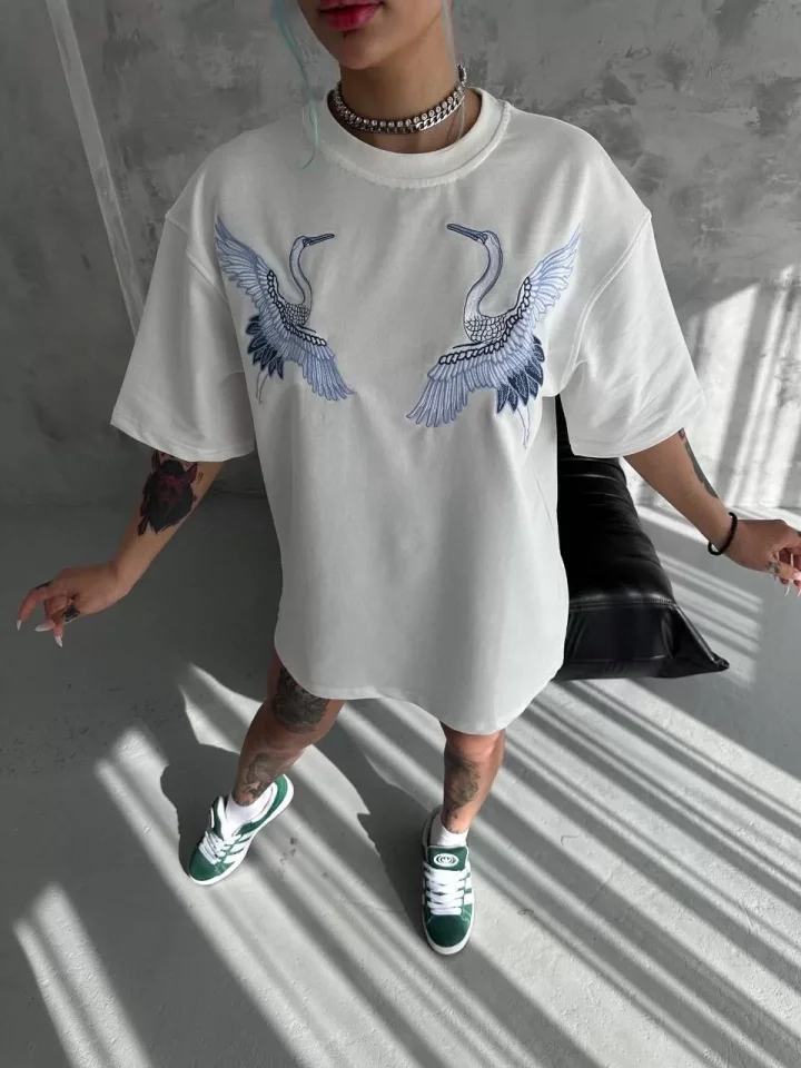 Unisex Nakış İşlemeli T-Shirt - Beyaz