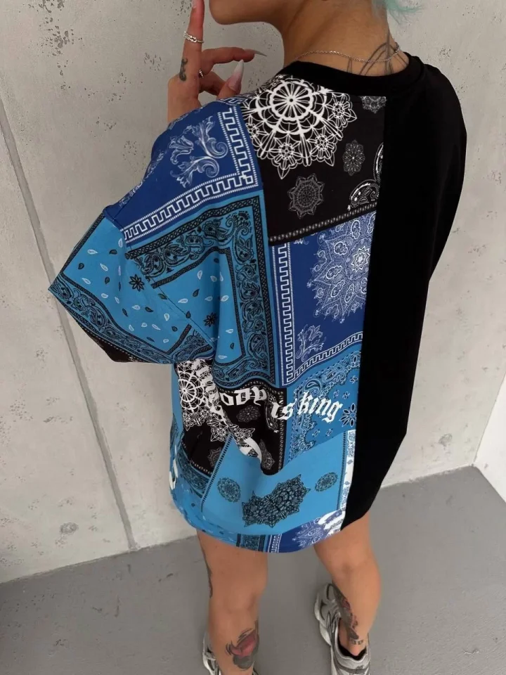 Unisex Dijital Parçalı Oversize T-Shirt - Siyah