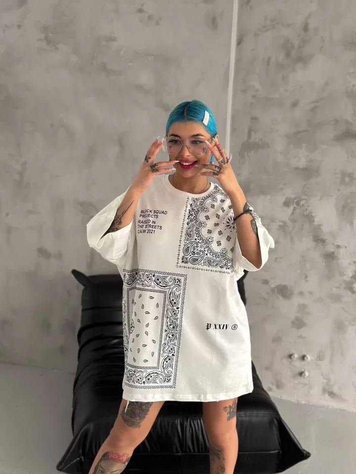 Unisex Baskılı Oversize T-Shirt - Beyaz