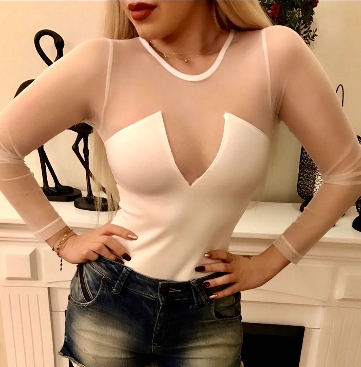 Kadın Likralı Tül Mikro Kumaş Bodysuit