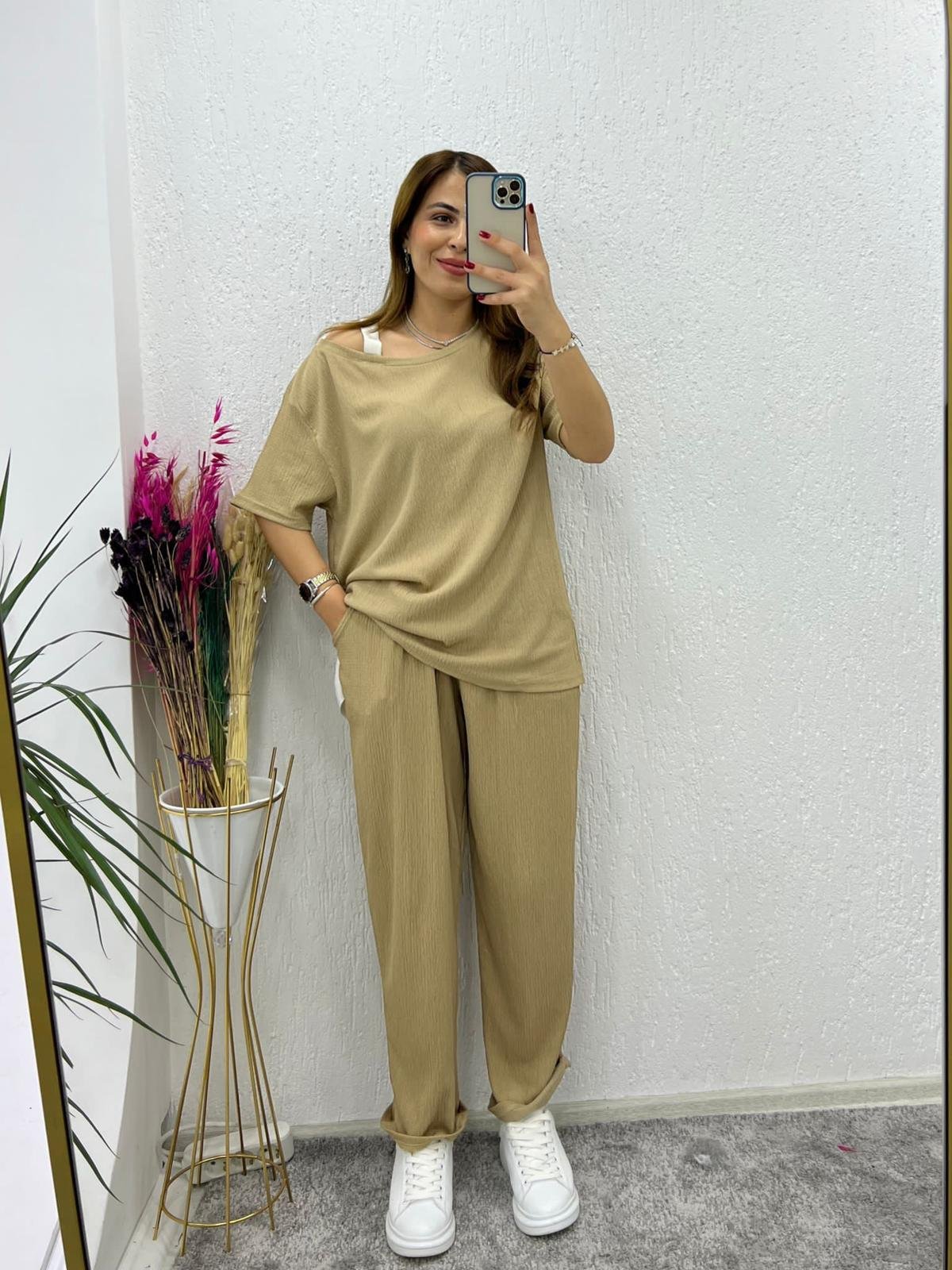 Kadın Kısa Kollu Kayık Yaka Atlet Detay Salaş Ikili Takım