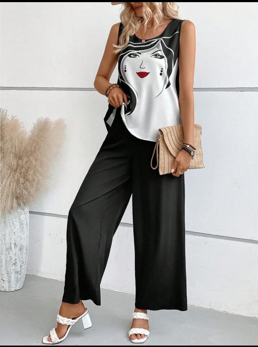 Kadın Kolsuz Yüz Baskılı Sandy Kumaş İkili Takım