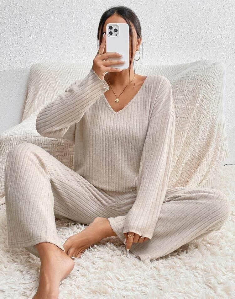 Kadın Uzun Kollu V Yaka Fitilli Kaşkorse Ikili Takım