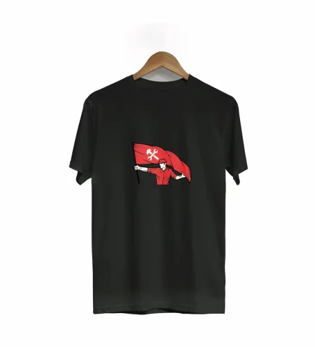 1 Mayıs Emek ve Dayanışma Bayraklı Emekçi Baskılı Bisiklet Yaka Tshirt  Siyah